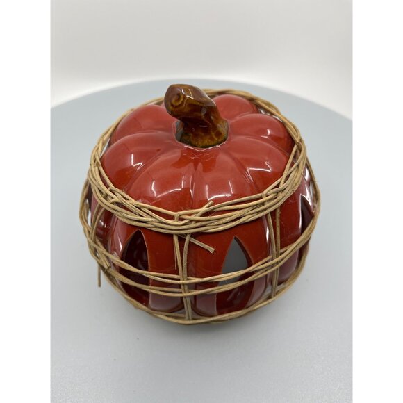Ceramic Pumpkin Candle Holder With Rustic Wicker Detailing - Picture 2 of 13